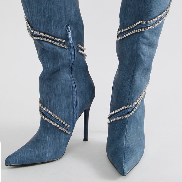 Fashion Nova Denim Rhinestone Trim Boots - Picture 2 of 5